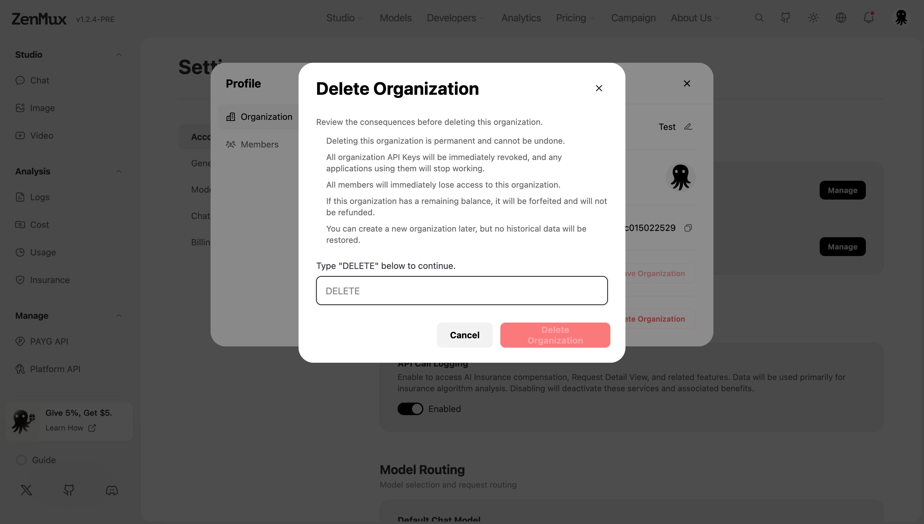 Confirm organization deletion