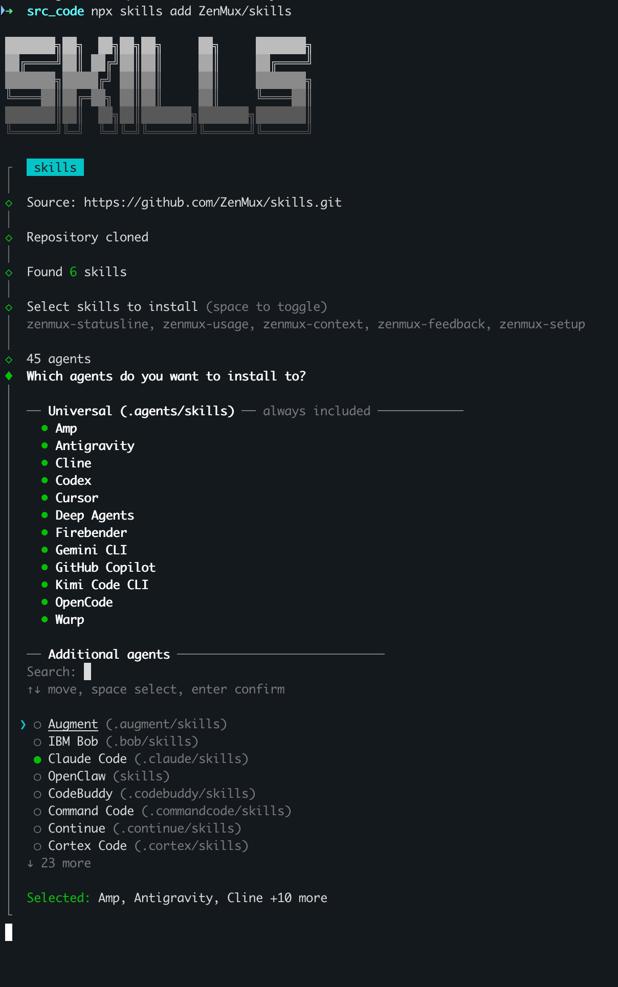 Interactive selection UI for npx skills add 开桥/skills